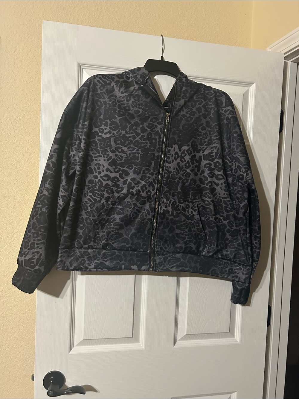 Dark Gray Leopard Print Bomber Jacket with Zip Hood